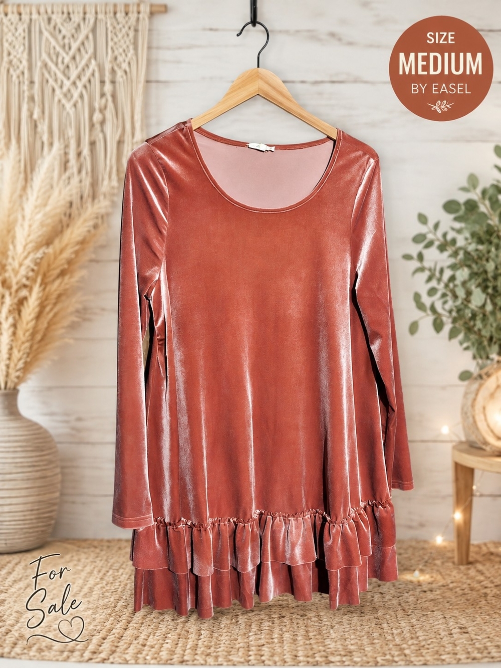 easel Velvet Long-Sleeve Ruffle-Hem Tunic in Dusty Rose